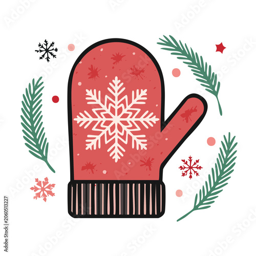 Red Mitten with Snowflake and Pine Branches