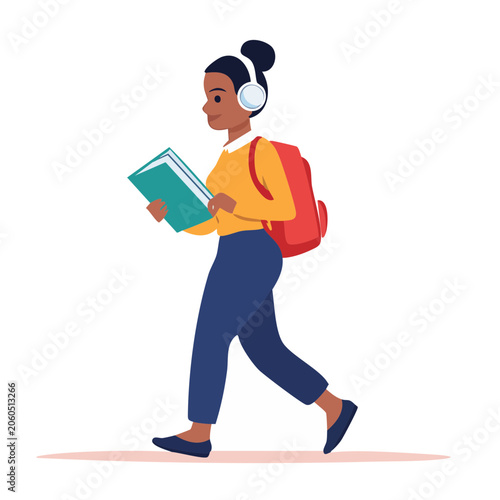 Woman with headphones and backpack reading a book while walking