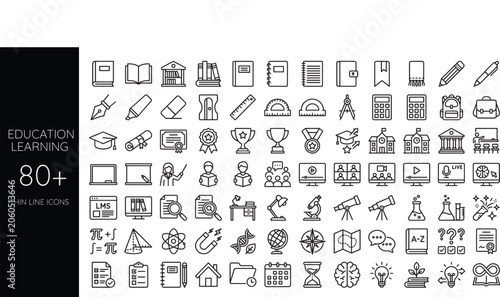 Comprehensive education and schooling line art icon set collection featuring academic supplies and learning symbols as PNG cutout