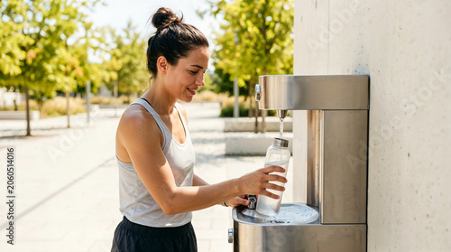Young woman refilling reusable water bottle from drinking fountain on extremely hot summer day  