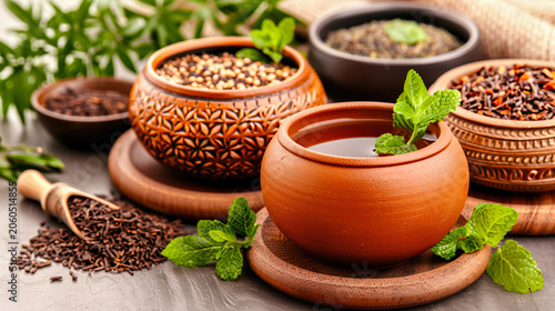 Terracotta tea pots and small bowls filled with dried herbs and spices, garnished with fresh mint leaves on a rustic wooden surface with a soft natural background and warm lighting