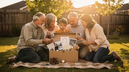 Multi-generational family sharing old photos and memories in a sunny garden