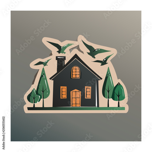 Flat design illustration of a house with trees