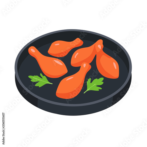 Flat design illustration of chicken drumsticks in a pan
