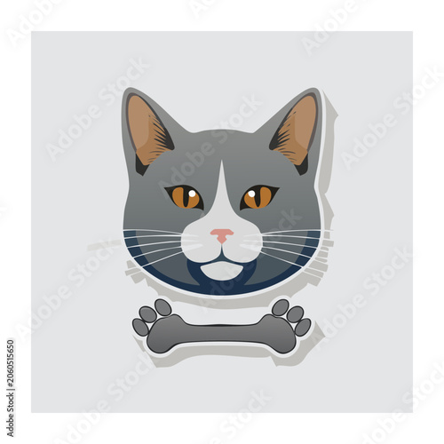 Gray cat face with bone and paw prints illustration