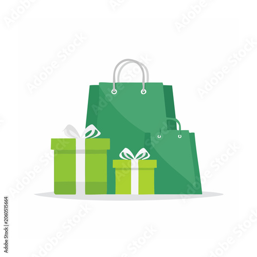 Green shopping bags and gift boxes illustration