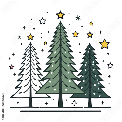 Hand-drawn Christmas trees with stars and snowflakes