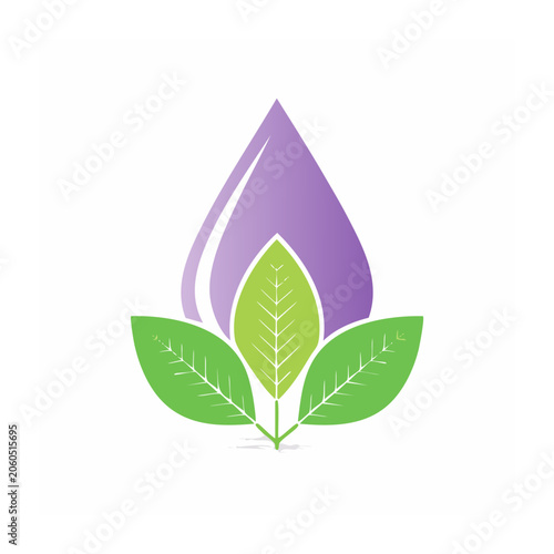 Purple water drop and green leaves vector icon