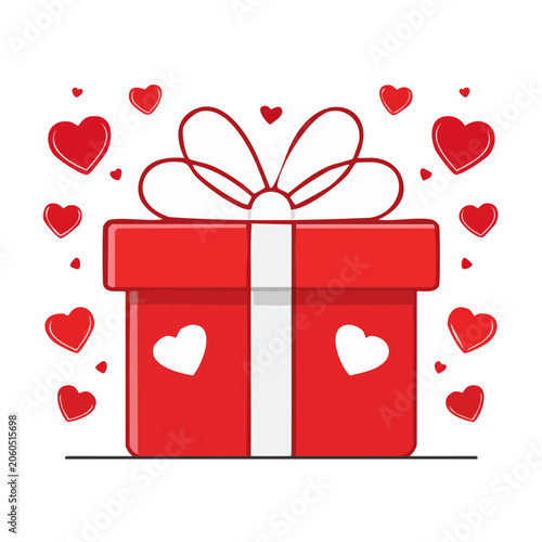 Red gift box with white hearts and ribbon, surrounded by hearts