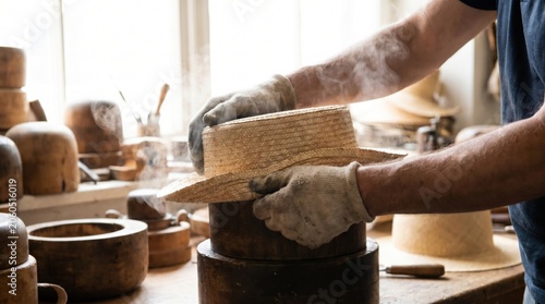 Hat maker steaming a straw hat on a wooden block mold in a traditional millinery workshop