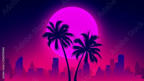 Retro synthwave landscape with palm trees and sunset skyline.