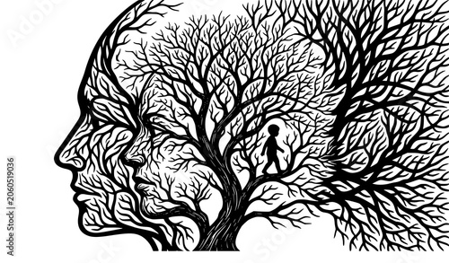 Obraz na plátně SEO Title:
Optical Illusion Bare Tree with Human Face and Child Silhouette Vecto