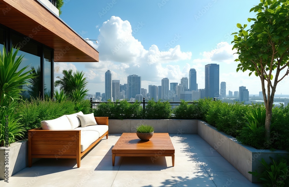 Fototapeta premium Modern rooftop terrace with wooden furniture and green plants offers city skyline view. Comfortable sofa and table on sunny patio overlook downtown buildings. Relaxing outdoor space in urban setting.