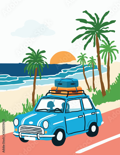 summer road trip scene with a camper van driving along a scenic coastal highway with surfboards stra