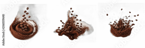 Photos Liquid coffee splash with flying roasted coffee beans isolated on transparent background