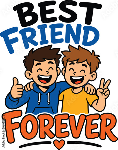 Cartoon illustration of two happy best friends hugging and smiling, one giving a thumbs up and the other a peace sign, vector graphic