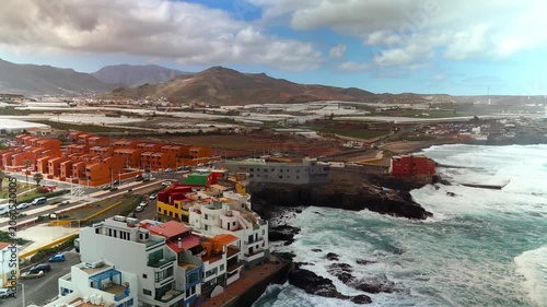 Aerial drone view of El Agujero coastline and Galdar town, Gran Canaria