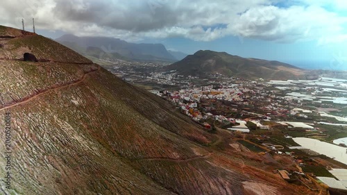 Aerial view of Montana de Ajodar volcano towards Galdar, Gran Canaria