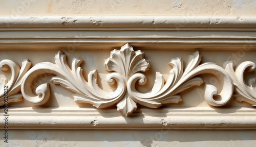 Ornate stucco border on light yellow wall. Architectural detail features acanthus leaves and scrolls. Classic design element for facade ornamentation.