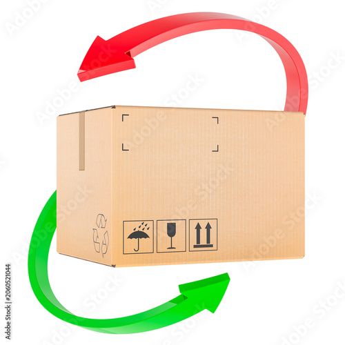 Product return concept, cardboard box with circular arrows. 3D rendering