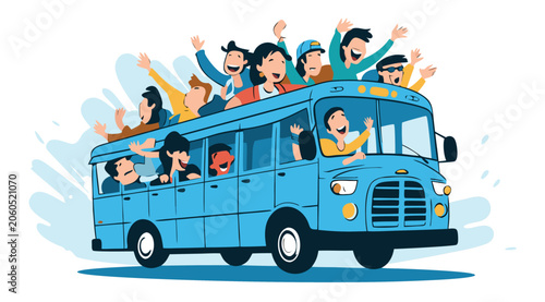 Happy Passengers Waving From Blue Bus