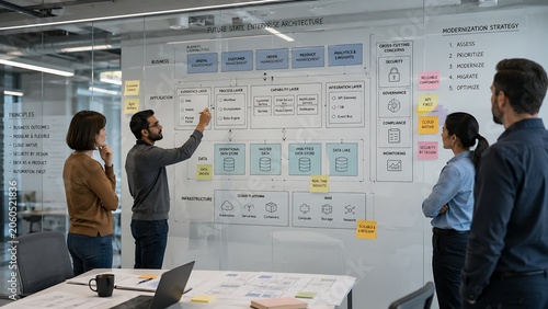Professional team of business analysts and it architects collaborating on a future state enterprise architecture strategy on a glass wall in a modern office environment