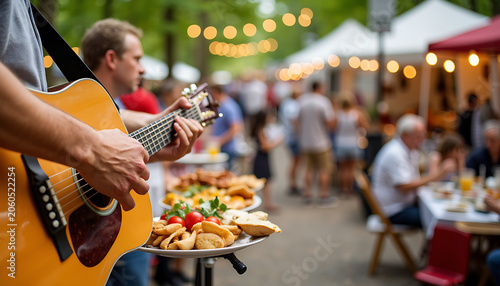 Close up of a musician playing acoustic guitar at an outdoor food festival. Live music performance at a summer street market with people and lights. Entertainment and culture concept