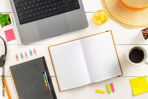 Creative summer workspace flat lay open notebook