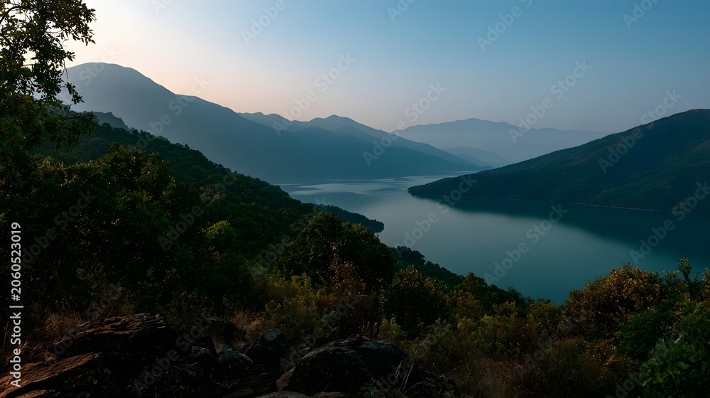 Obraz premium Majestic scenic travel destination bathed in crisp evening light evoking an exploratory mood