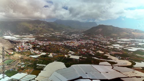 High altitude aerial view of Galdar town and valley, Gran Canaria
