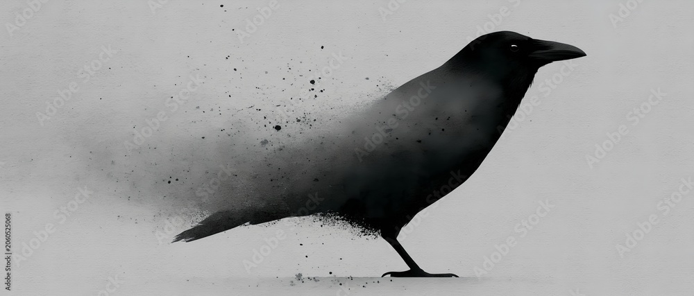 Obraz premium Silhouette of a crow disintegrating into floating particles