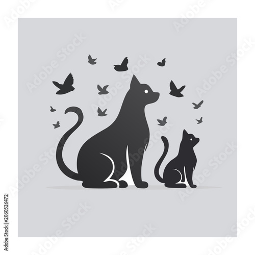 Black cat and kitten silhouette with flying birds