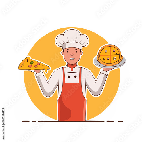 Cartoon Chef Holding Pizza Slice and Whole Pizza