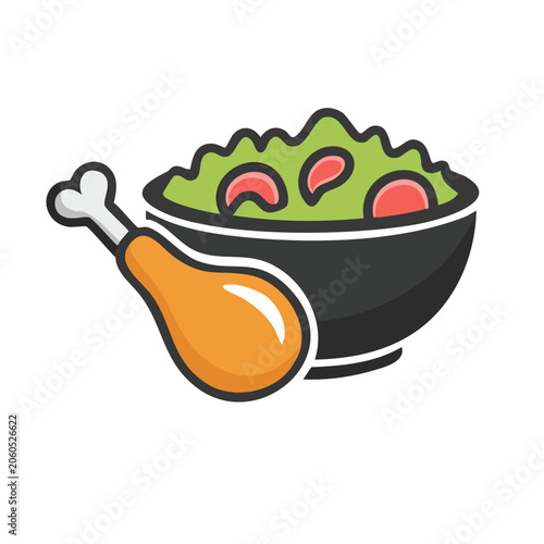 Flat Design Illustration of Chicken Drumstick and Salad Bowl