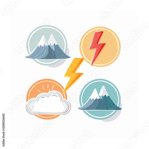 Flat design weather icons set with mountain, lightning, cloud, and sun