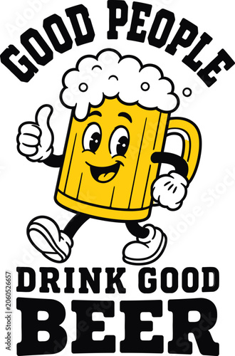 Good people drink good beer, vintage cartoon beer mug character with thumbs up, vector illustration