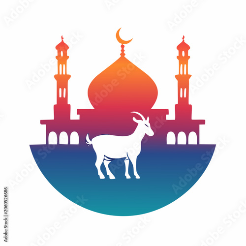 Islamic Mosque and Goat Silhouette with Crescent Moon
