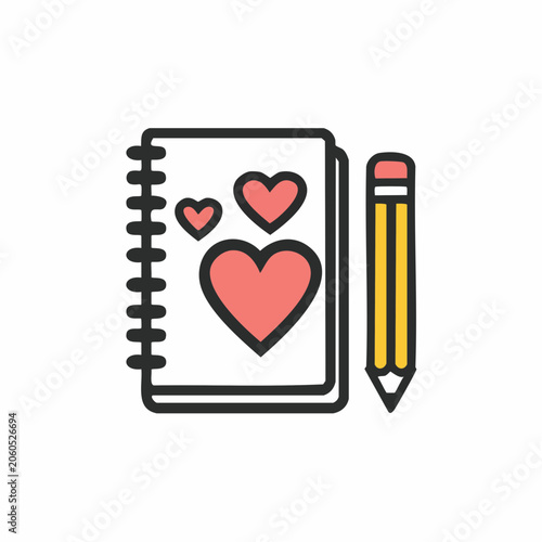Notebook with Hearts and Pencil Icon