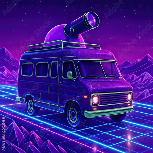 Stylized eighties inspired camper van traveling down a colorful retro futuristic highway route