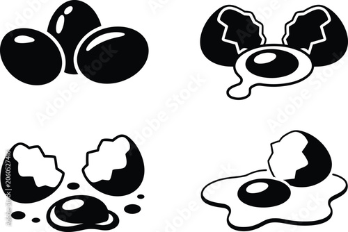 Egg Collection Illustration, Whole and Cracked Eggs with Yolk, Food Vector Icon Set Design