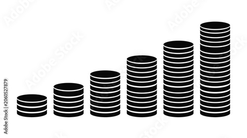 A black and white vector illustration of rising coin stacks showing growth and financial success