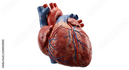 Anatomical model of a human heart with veins and arteries isolated on transparent background