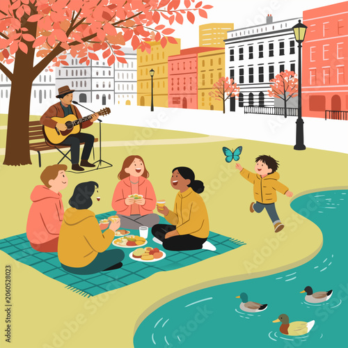 Autumn Park Picnic With Guitarist And Ducks
