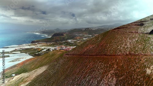 Aerial view of Montana de Ajodar volcano, Galdar, Gran Canaria, Spain