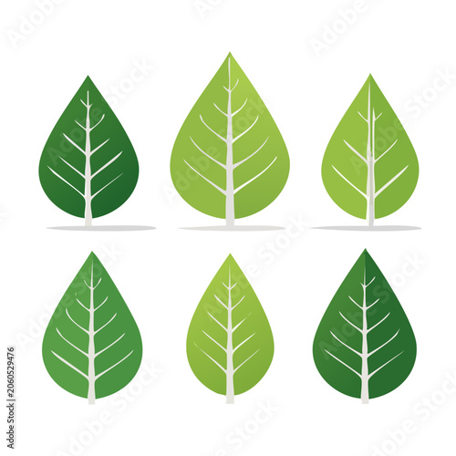 Six green leaf icons in flat design