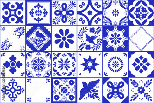 Set of traditional mexican talavera tile patterns. Blue and white ceramic art from Puebla.