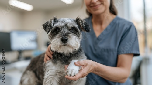 Veterinarian in scrubs gently holds a small dog with a bandaged paw inside a modern veterinary clinic with computers and bright lighting in the background