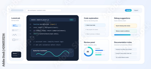 Φωτογραφία Software development dashboard showing code, debug, and explanation panels
