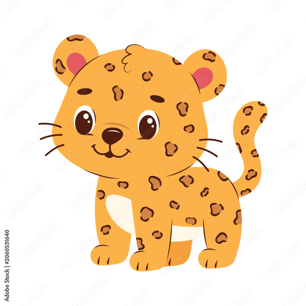Fototapeta premium Cute Leopard Cub Cartoon Animal, Baby Cheetah Flat Vector Character Illustration