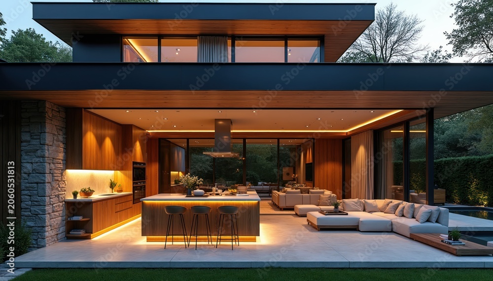 Fototapeta premium Modern luxury house with open kitchen living area, pool. Sleek design, warm wood, stone facade, ambient lighting. Outdoor seating, elegant decor, natural landscape setting. Contemporary architecture.